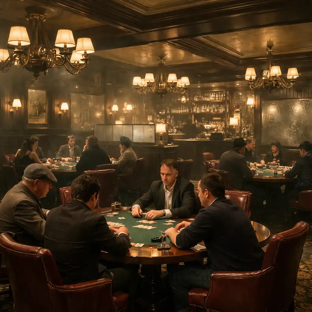 Ambiance feutrée d'un lounge de poker avec tables en noyer et fauteuils en cuir bordeaux