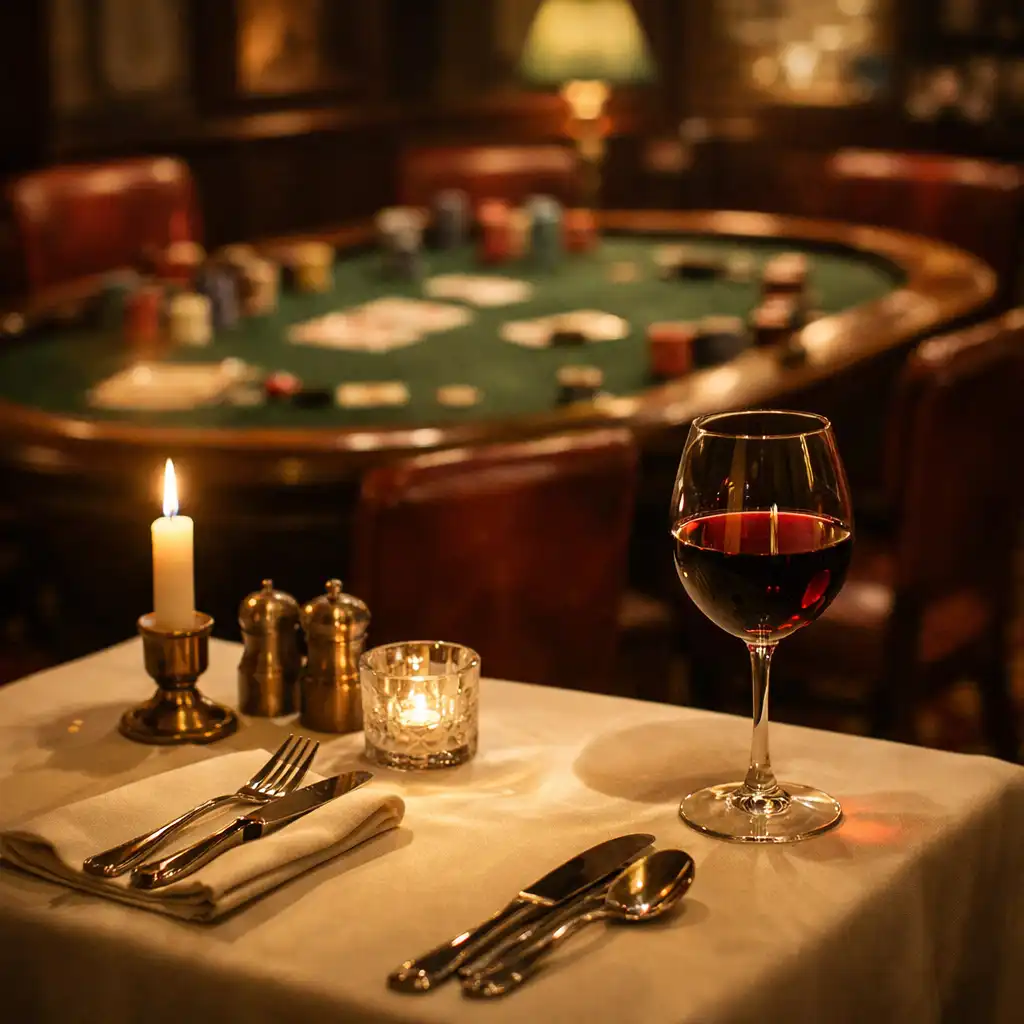 Table élégante du restaurant Maison Brind Ille avec une table de poker en arrière-plan flou