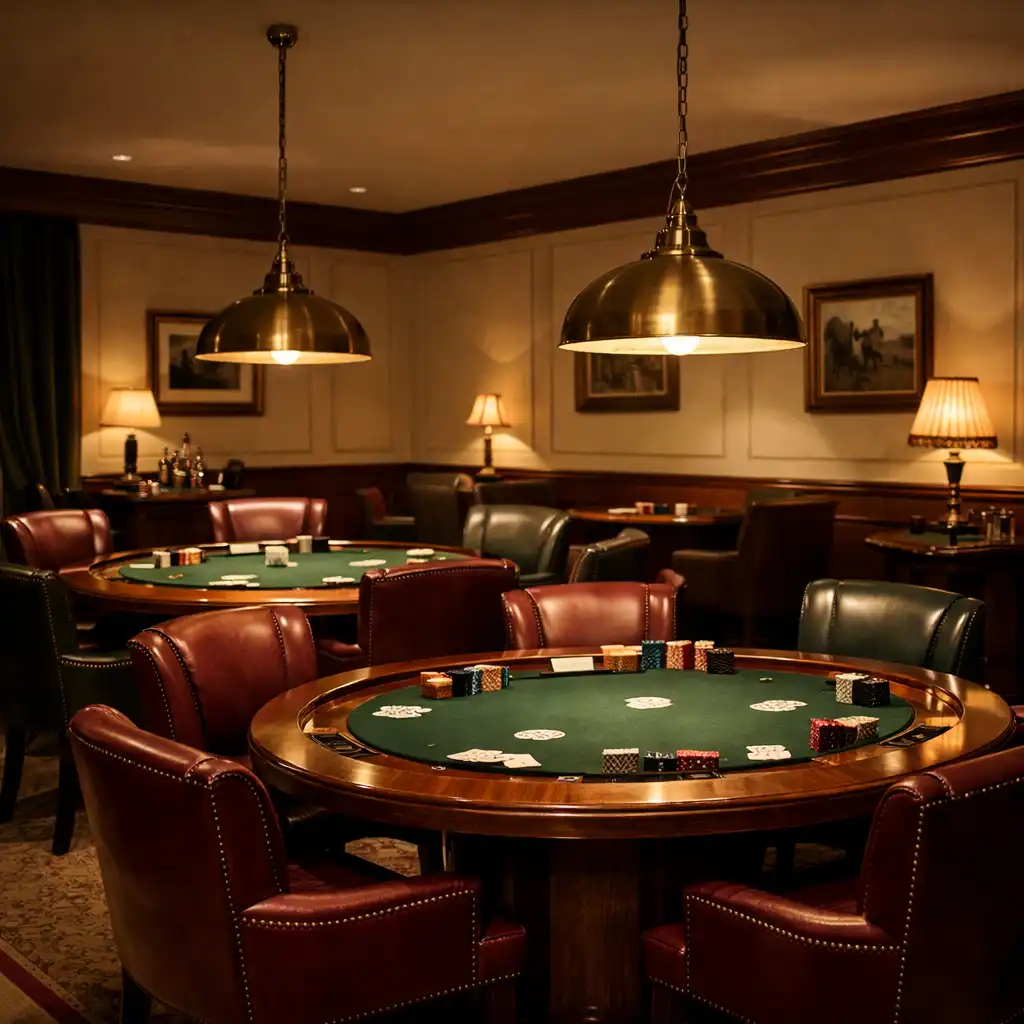 Salle de cartes privée avec tables de poker en noyer chez Maison Brind Ille