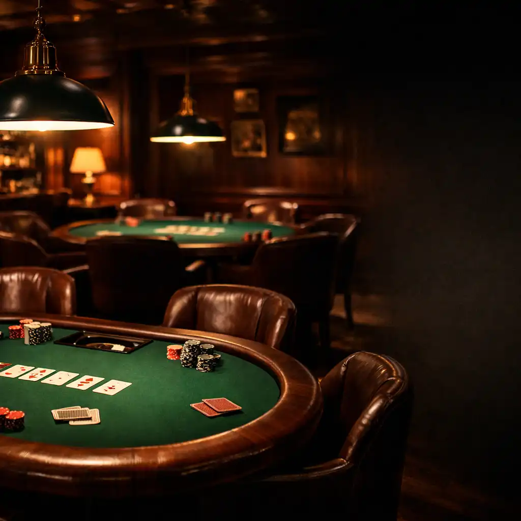 Lounge poker de Maison Brind Ille avec tables de poker en feutre vert et éclairage tamisé