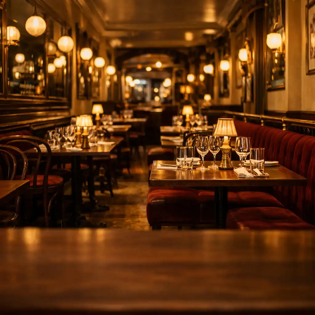 Salle de restaurant élégante de Maison Brind Ille avec tables en noyer et banquettes bordeaux