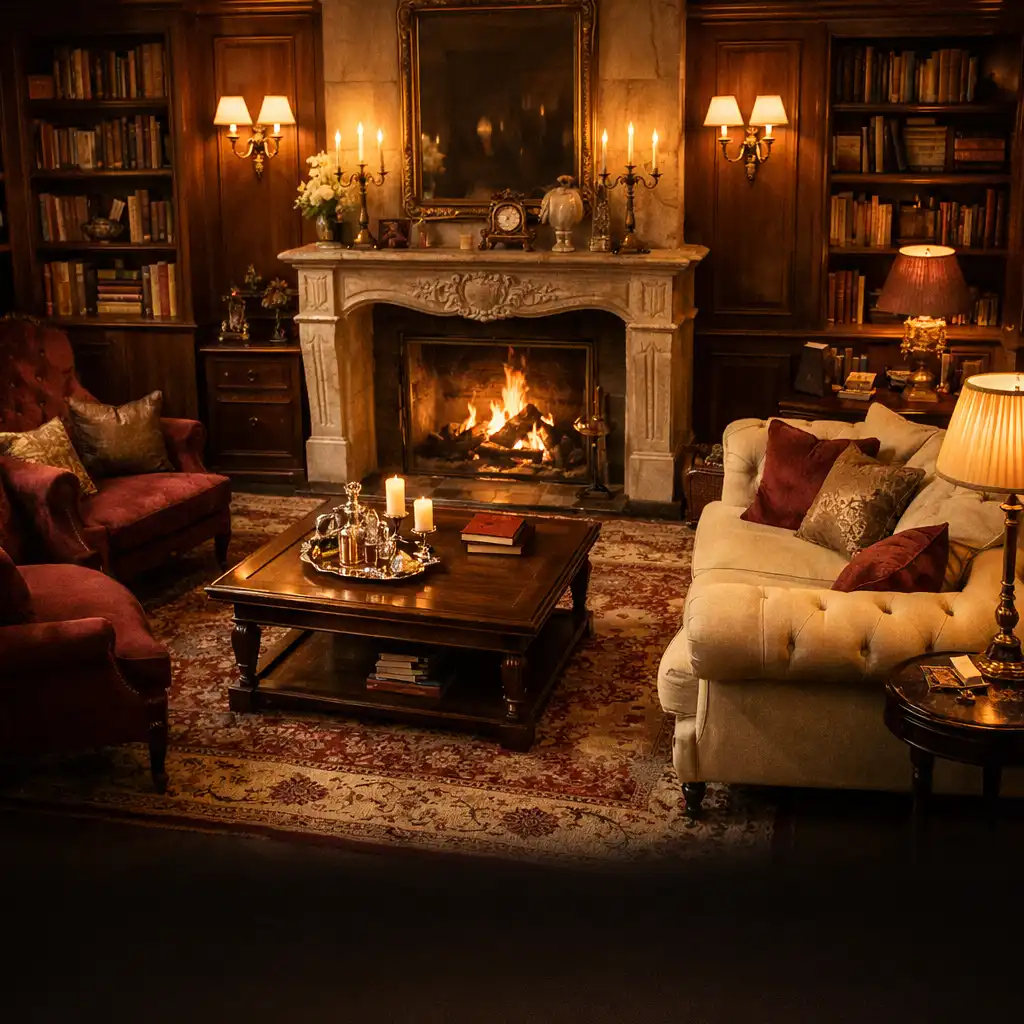 Salon privé intime de Maison Brind Ille avec cheminée et bibliothèque