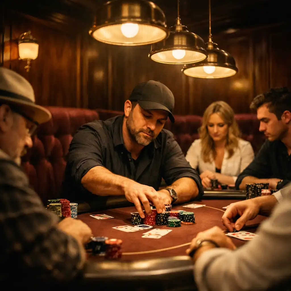 Tournoi de poker en cours dans un lounge élégant