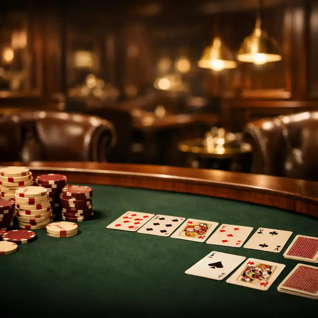 Table de poker élégante dans un lounge parisien avec jetons et cartes