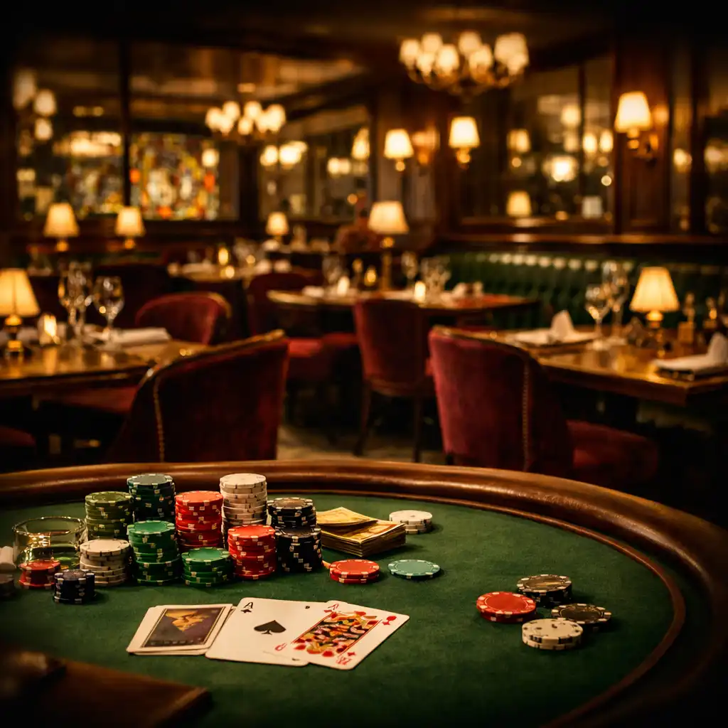 Salle de restaurant élégante de style brasserie parisienne avec une table de poker, des jetons et des cartes dans une ambiance feutrée