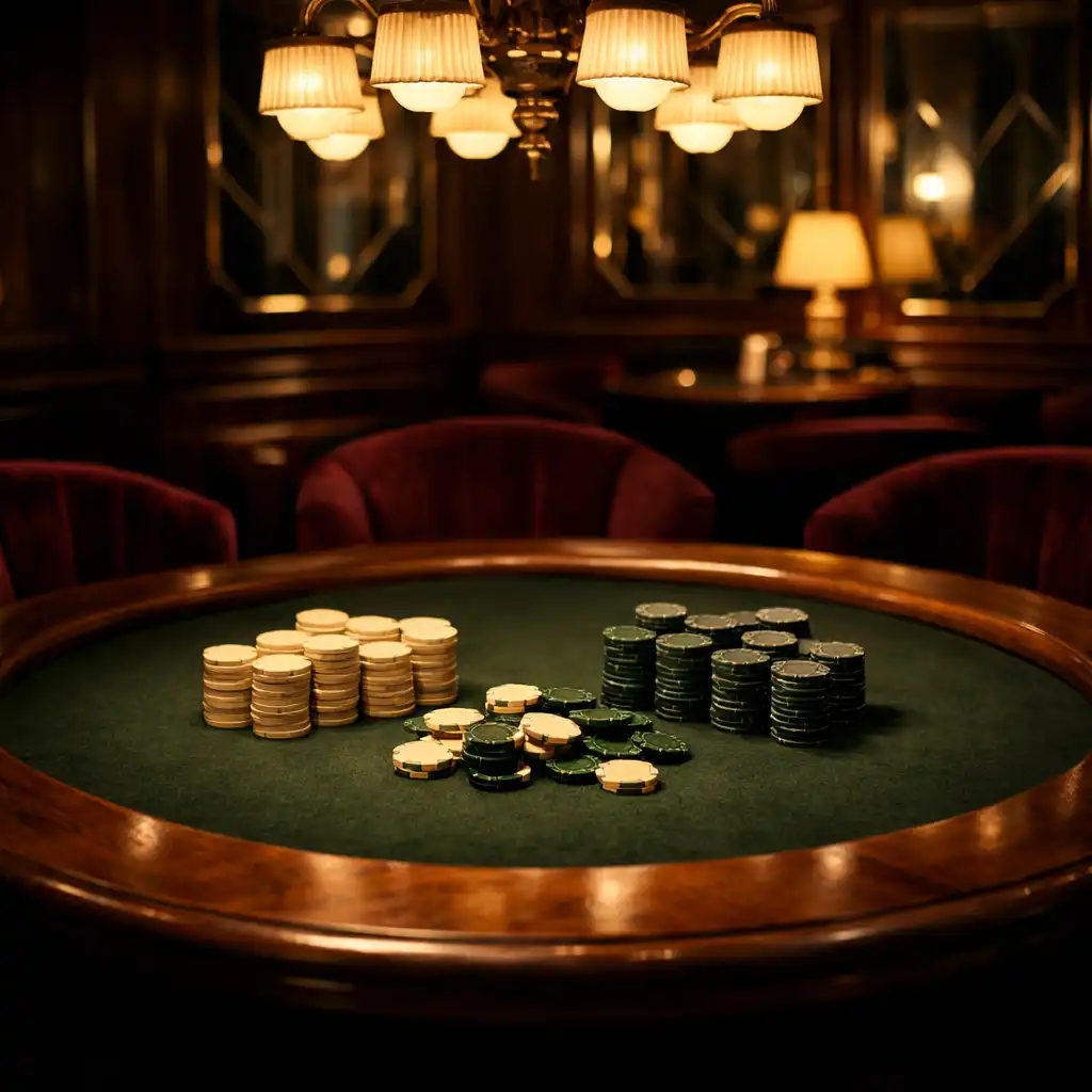 Table de poker élégante dans le lounge parisien de Maison Brind Ille, avec jetons crème et vert foncé sous un éclairage tamisé.