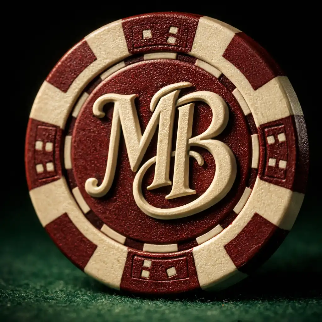 Macro d'un jeton de poker avec le monogramme MB en relief sur fond de feutre vert