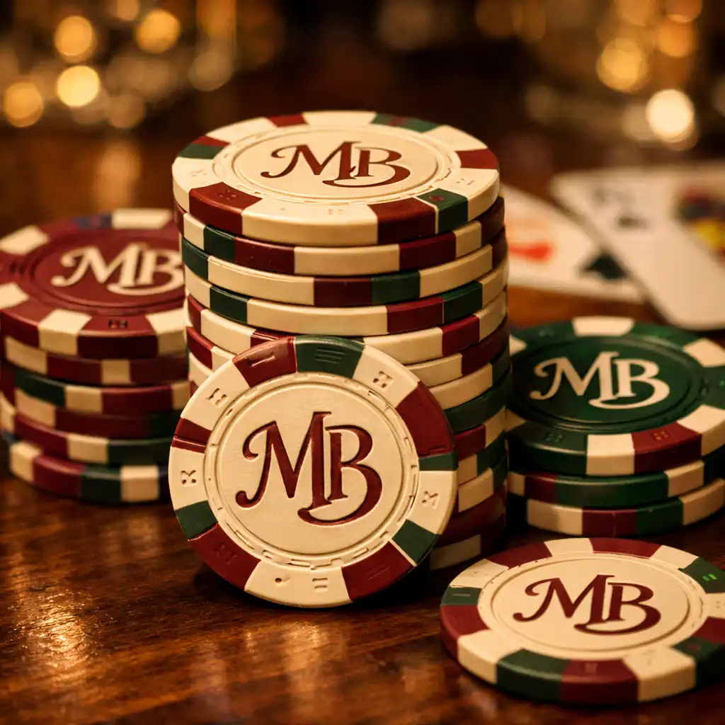 Gros plan de jetons de poker en céramique composite sur une table en noyer, avec un éclairage chaleureux