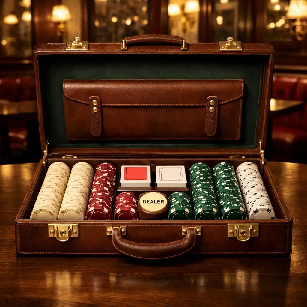 Mallette en cuir ouverte avec des rangées de jetons de poker colorés
