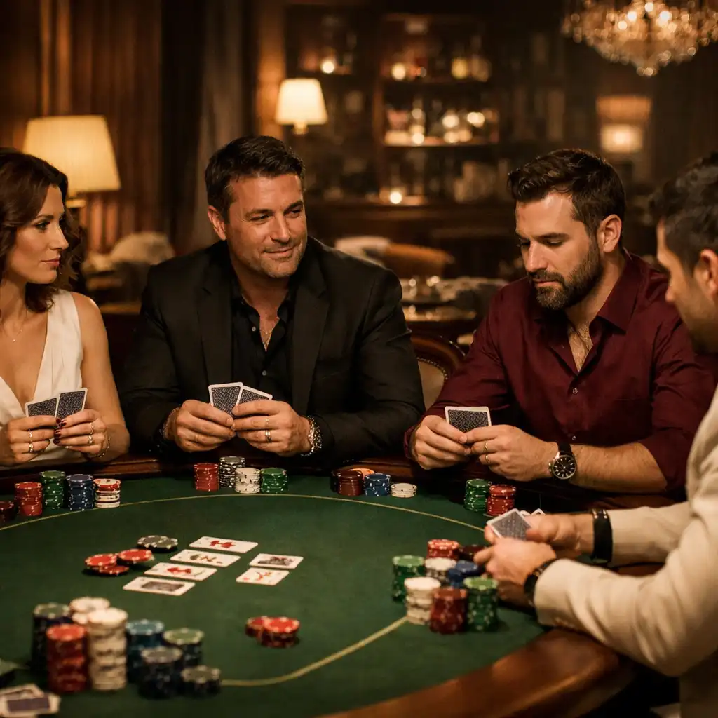 Joueurs autour d'une table de poker lors d'une soirée chez Maison Brind Ille
