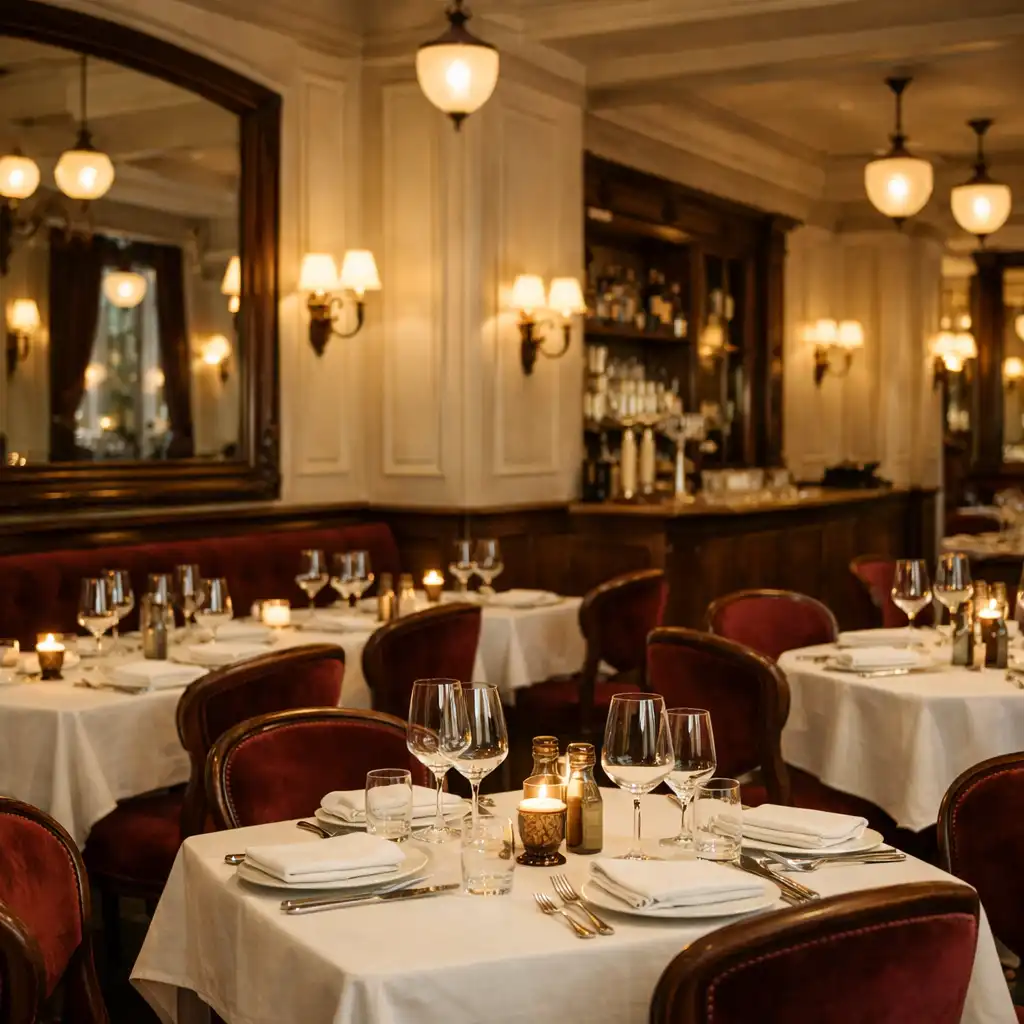 Salle de restaurant élégante de style brasserie parisienne chez Maison Brind Ille