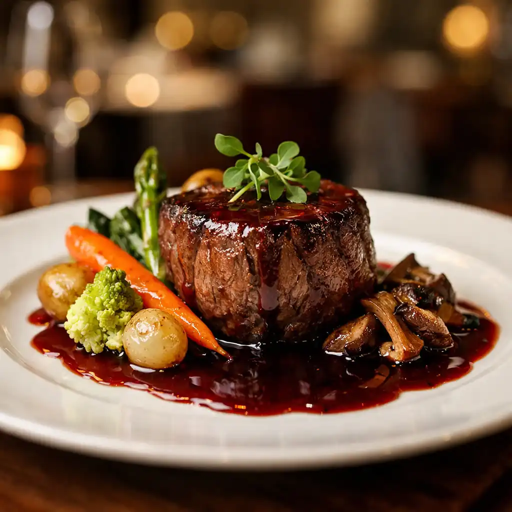 Plat gastronomique signature de Maison Brind Ille : filet de bœuf avec sauce au vin rouge