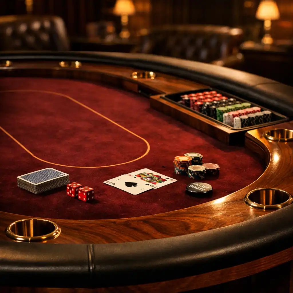 Table de poker premium avec feutre en velours bordeaux et incrustations en noyer massif