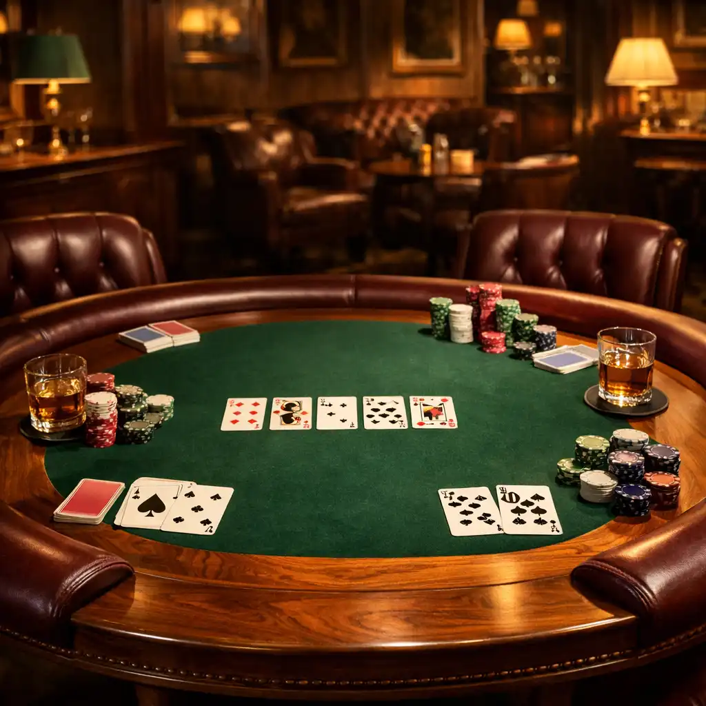 Table Texas Hold'em classique en noyer avec feutre vert et accoudoirs en cuir bordeaux