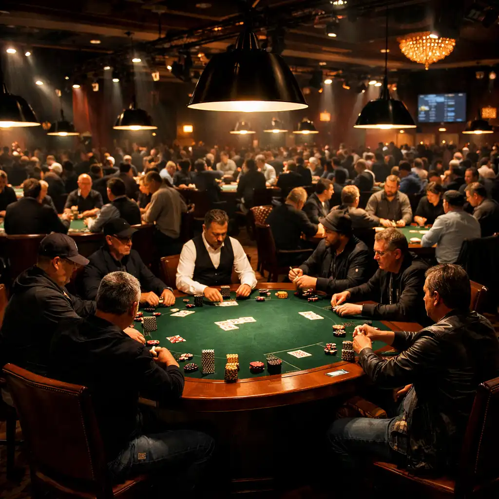Tournoi de poker en cours avec plusieurs tables occupées par des joueurs